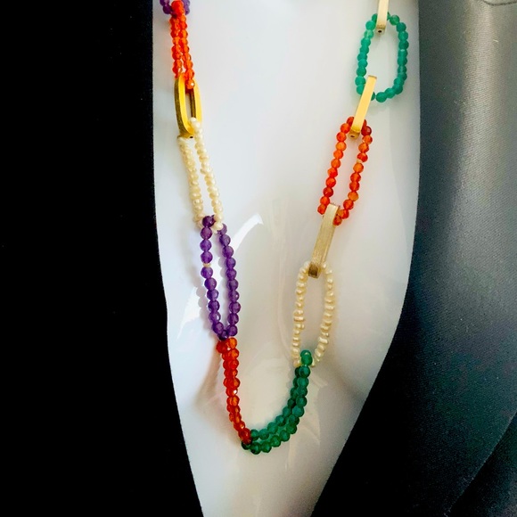 Green purple orange color semi-precious stones & pearls necklace metal bar rings - Picture 3 of 10